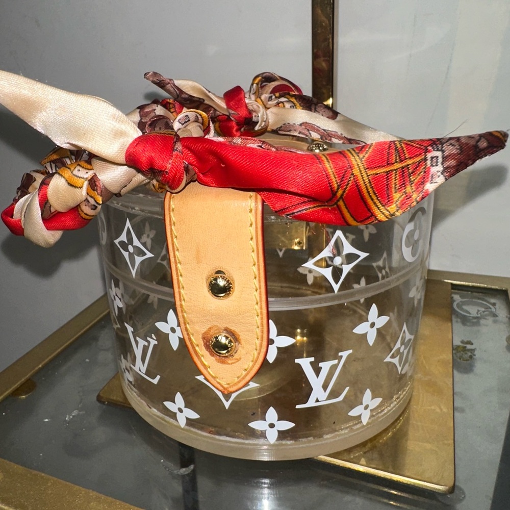 Louis Vuitton Clear Monogram Round Box Bag with Red and Tan Scarf Handle - Picture 7 of 8